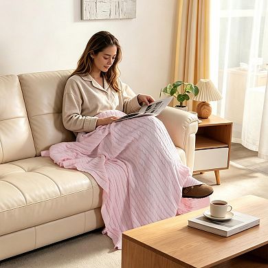 Cotton Cable Knit Throw Blanket Lightweight Breathable Soft
