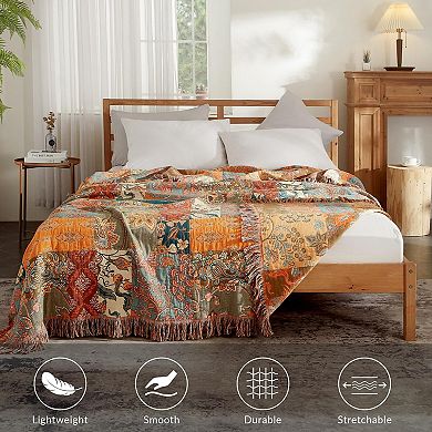 Boho Throw Blanket Cotton Jacquard Floral Tassel