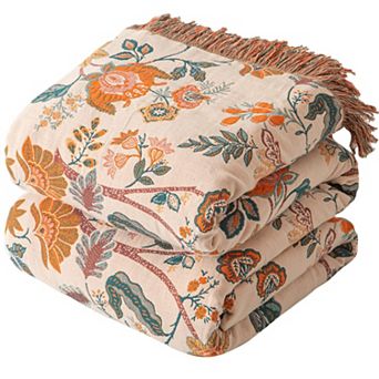 Boho Throw Blanket Cotton Jacquard Floral Tassel