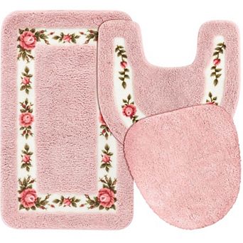 3 Rose Flowers Bathroom Rugs Set FlBath Mat U Shaped Toilet Rug Non Slip Absorbent Carpet