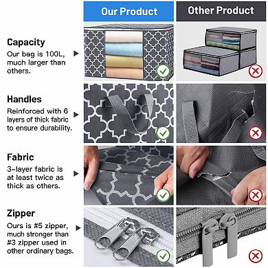 3 Pack 100L Grey Storage Bags Foldable With Window Handle Zipper