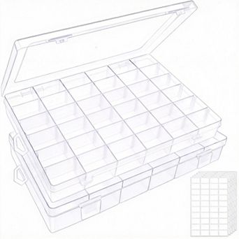 2 Pack 36 Grid Clear Storage Box Adjustable Dividers With Label Stickers