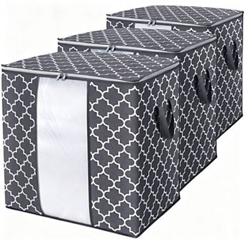 3 Pack 100L Grey Storage Bags Foldable With Window Handle Zipper