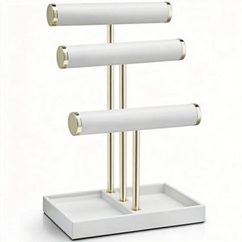 White Leather Three Tier Jewelry Holder For Watches Earrings Necklaces Rings