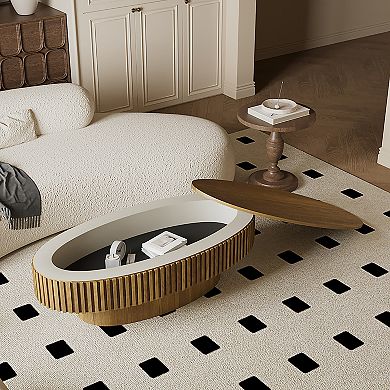 47" Modern Oval Coffee Table with Storage - Solid Wood Veneer Accent Table for Living Room
