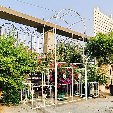 Aoolive Metal Garden Arch with Gate and Planter Stands, 87" High Rust-Resistant Rose Arbor