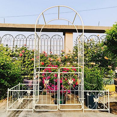 Aoolive Metal Garden Arch with Gate and Planter Stands, 87" High Rust-Resistant Rose Arbor