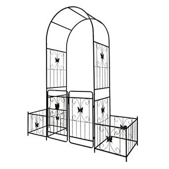 Aoolive Metal Garden Arch with Gate and Planter Stands, 87" High Rust-Resistant Rose Arbor