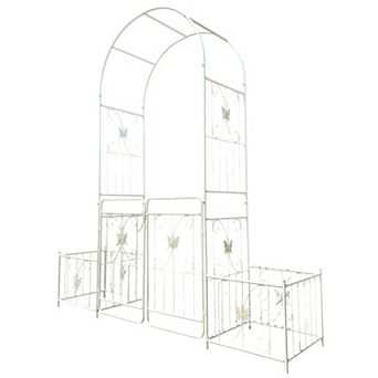 Aoolive Metal Garden Arch with Gate and Planter Stands, 87" High Rust-Resistant Rose Arbor