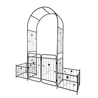 Aoolive Metal Garden Arch with Gate & Side Planters, Weather-Resistant Trellis for Climbing Vines