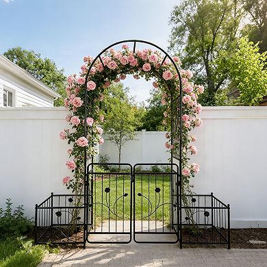 Aoolive Metal Garden Arch with Gate & Side Planters, Weather-Resistant Trellis for Climbing Vines