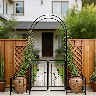 Aoolive Metal Garden Arch with Gate & Side Planters, Weather-Resistant Trellis for Climbing Vines