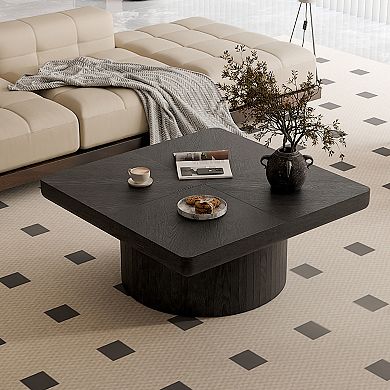 Aoolive Modern 35-in. Square Coffee Table with Wood Veneer Top and Cylindrical Ribbed Base