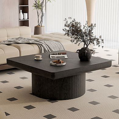 Aoolive Modern 35-in. Square Coffee Table with Wood Veneer Top and Cylindrical Ribbed Base