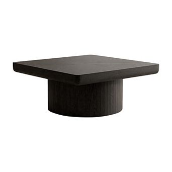 Aoolive Modern 35 in Square Coffee Table with Wood Veneer Top and Cylindrical Ribbed Base