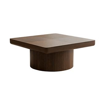 Aoolive Modern 35 in Square Coffee Table with Wood Veneer Top and Cylindrical Ribbed Base