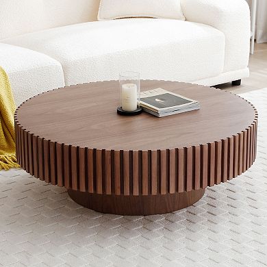 Aoolive Modern 31.49" Round Coffee Table - Stylish Drum Pedestal Base for Small Spaces