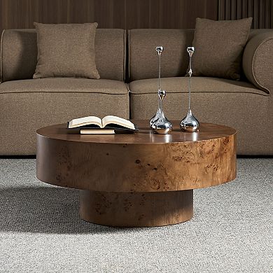 Aoolive Modern 31.49" Round Coffee Table with Burl Wood Veneer & Sturdy Pedestal Base