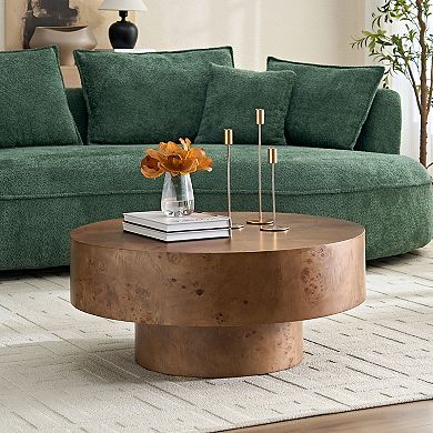 Aoolive Modern 31.49" Round Coffee Table with Burl Wood Veneer & Sturdy Pedestal Base