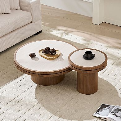 Aoolive Nest & Stack Round 2-Piece Coffee Table Set with Sintered Stone Top & Durable MDF Base