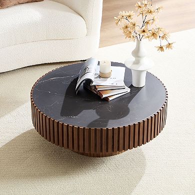 Aoolive Modern 35.43" Round Sintered Stone Coffee Table, Luxury Drum Pedestal Base