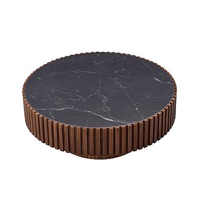 Aoolive Modern 35.43" Round Sintered Stone Coffee Table, Luxury Drum Pedestal Base
