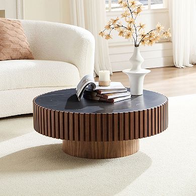Aoolive Modern 35.43" Round Sintered Stone Coffee Table, Luxury Drum Pedestal Base