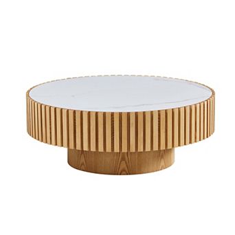 Aoolive Modern 35.43" Round Sintered Stone Coffee Table, Luxury Drum Pedestal Base