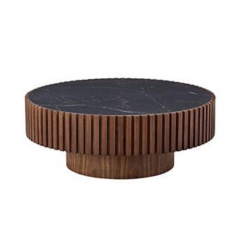 Aoolive Modern 35.43" Round Sintered Stone Coffee Table, Luxury Drum Pedestal Base