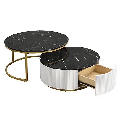 Aoolive 31.5'' Modern Round Nesting Coffee Table Set with Fluted Base and Storage Drawer