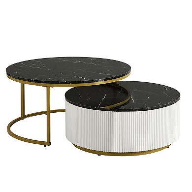 Aoolive 31.5'' Modern Round Nesting Coffee Table Set with Fluted Base and Storage Drawer