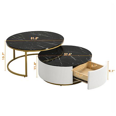 Aoolive 31.5'' Modern Round Nesting Coffee Table Set with Fluted Base and Storage Drawer