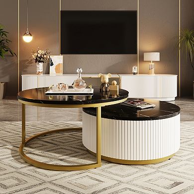 Aoolive 31.5'' Modern Round Nesting Coffee Table Set with Fluted Base and Storage Drawer
