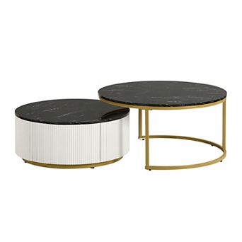 Aoolive 31.5'' Modern Round Nesting Coffee Table Set with Fluted Base and Storage Drawer