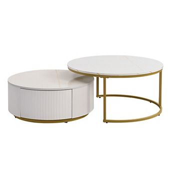 Aoolive 31.5'' Modern Round Nesting Coffee Table Set with Fluted Base and Storage Drawer