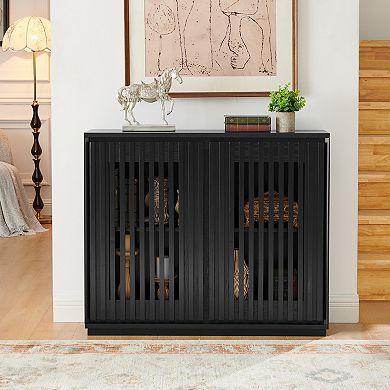 Aoolive Mid-Century Modern Fluted Sideboard, 2-Door Buffet Storage Cabinet with 2 Outlet Holes