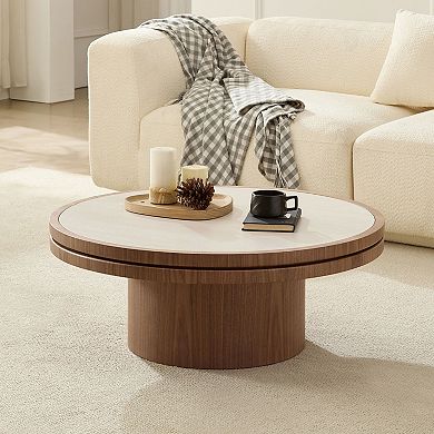 Aoolive 35" Round Sintered Stone Coffee Table with Modern MDF Pedestal Base