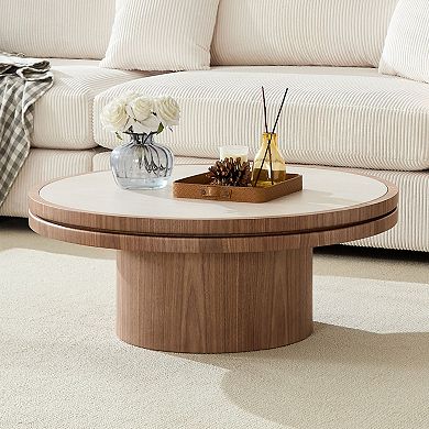 Aoolive 35" Round Sintered Stone Coffee Table with Modern MDF Pedestal Base
