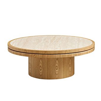 Aoolive 35" Round Sintered Stone Coffee Table with Modern MDF Pedestal Base