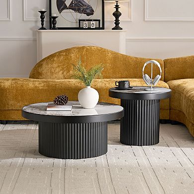 Aoolive Set of 2 Round Sintered Stone Coffee Tables - Versatile Nesting Side Tables for Living Room