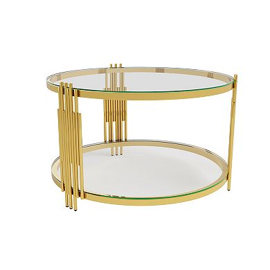 Aoolive Modern 31" Asymmetrical Coffee Table, Gold Metal Drum Base with Mirror Top & Lower Storage