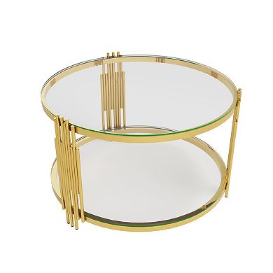 Aoolive Modern 31" Asymmetrical Coffee Table, Gold Metal Drum Base with Mirror Top & Lower Storage