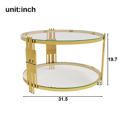Aoolive Modern 31" Asymmetrical Coffee Table, Gold Metal Drum Base with Mirror Top & Lower Storage