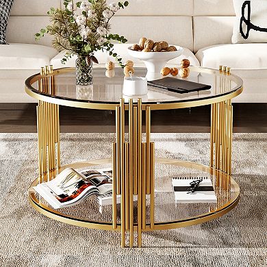 Aoolive Modern 31" Asymmetrical Coffee Table, Gold Metal Drum Base with Mirror Top & Lower Storage