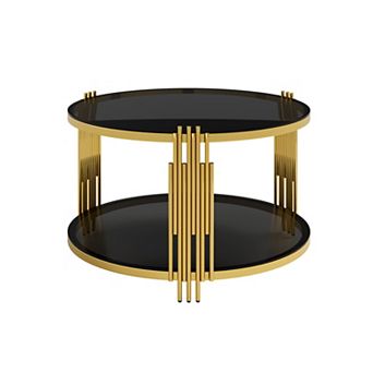 Aoolive Modern 31" Asymmetrical Coffee Table, Gold Metal Drum Base with Mirror Top & Lower Storage