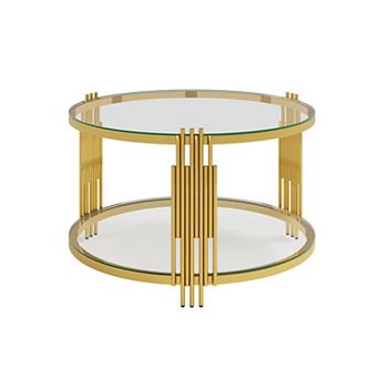 Aoolive Modern 31" Asymmetrical Coffee Table, Gold Metal Drum Base with Mirror Top & Lower Storage
