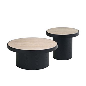 Aoolive Modern 2 pc Coffee Table Set - Round Sintered Stone Accent Tables for Living Room