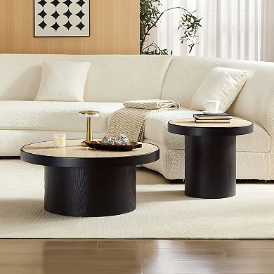 Aoolive Modern 2-Piece Coffee Table Set - Round Sintered Stone Accent Tables for Living Room