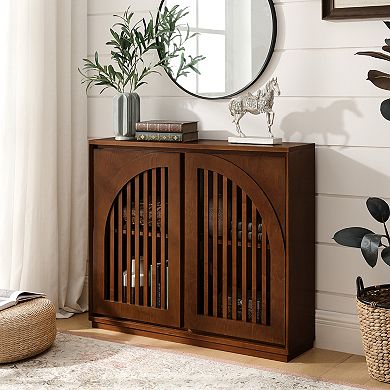 Aoolive Mid-Century Modern Fluted Sideboard, 2-Door Buffet Cabinet with Storage & Outlet Holes