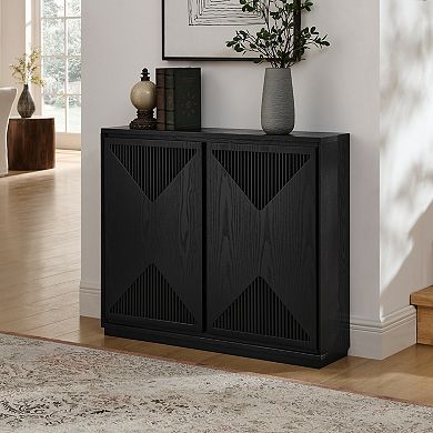 Aoolive Modern V-Shape Fluted Sideboard Slim Storage Cabinet Coffee Bar with Outlets